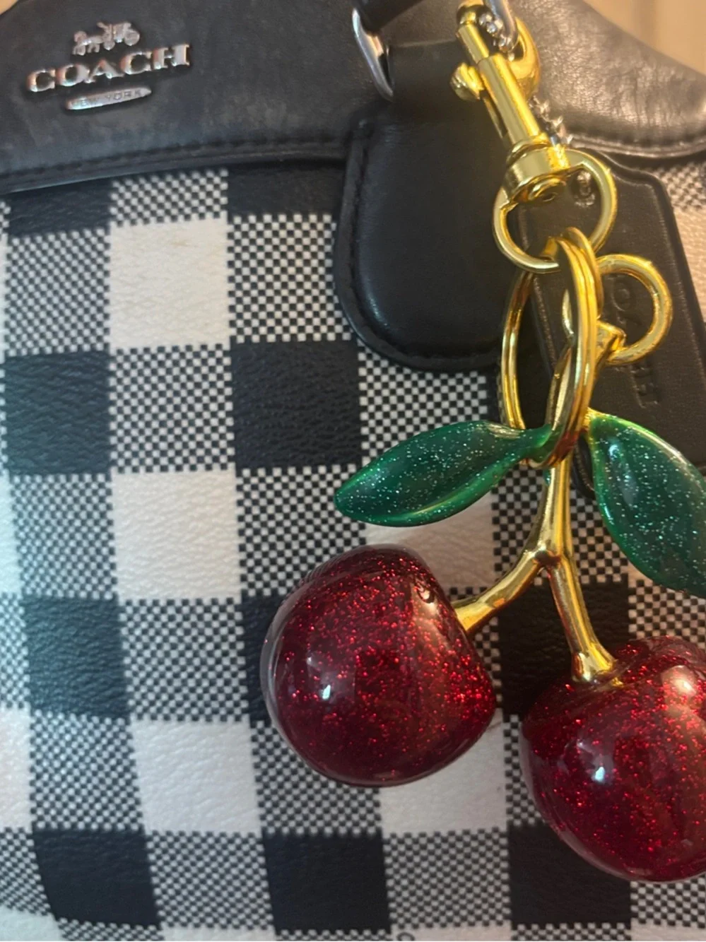 Sparkling Cherry Keychain with Gold Hardware and Green Leaves, Bag Charm
